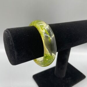 Vintage Resin Fern Leaf Bangle Bracelet Clear Green Botanical Pressed Flower